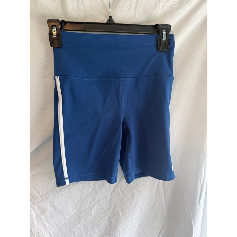 Reebok Women High Waisted Fitted Biker Shorts Blue White Stripe Zipper Pocket XS